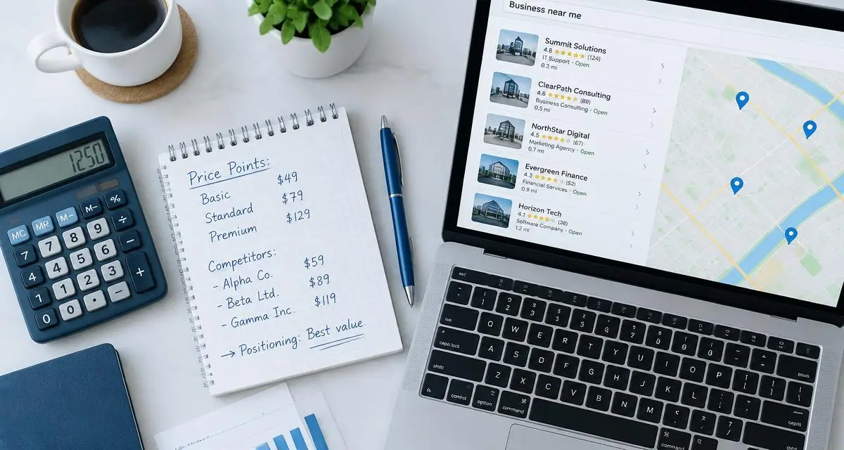 Desk with a calculator, price notes and a laptop showing Google Maps business ratings