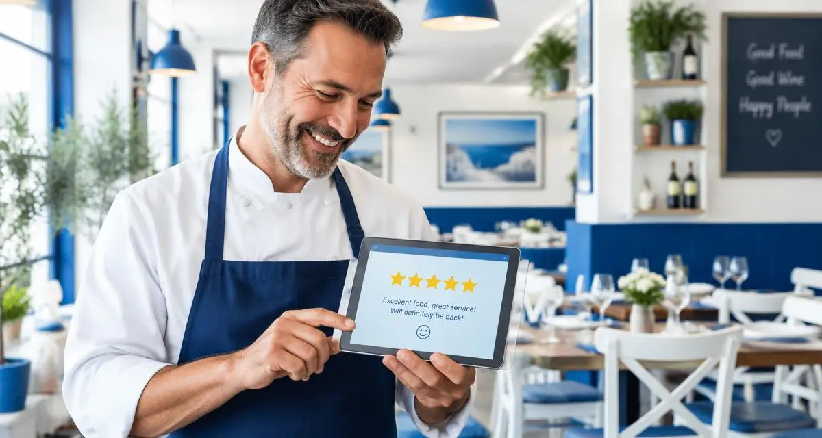 Smiling restaurant owner showing a five-star Google review on a tablet